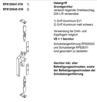 Jansen rp fineline 70W, Hebelgriff Grundgarnitur, Griff Aluminium EV1, Fensterbeschlag verdeckt liegend, Artikel Nummer RF9120041-51N