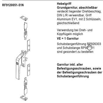 Jansen rp fineline 70W, Hebelgriff Grundgarnitur, abschließbar, Aluminium EV1, Fensterbeschlag verdeckt liegend, Artikel Nummer RF9120051-51N