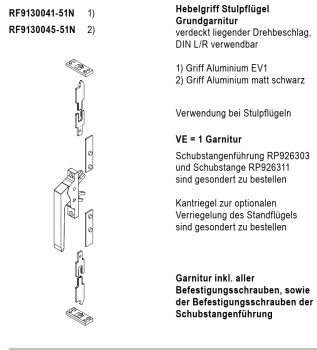 Jansen rp fineline 70W, Hebelgriff Stulpflügel Grundgarnitur, Griff Aluminium matt schwarz, Fensterbeschlag verdeckt liegend, Artikel Nummer RF9130045-51N