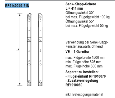 Jansen rp fineline 70W, Senk-Klapp-Schere L = 414 mm Öffnungswinkel 30° bei max. Flügelgewicht 100 kg, Artikel Nummer RF9140040-51N