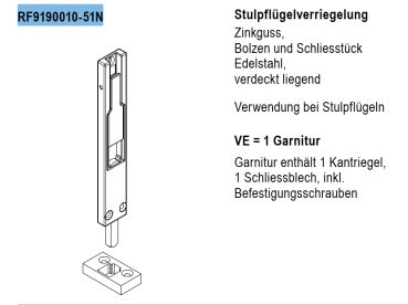 Jansen rp fineline 70W, Stulpflügelverriegelung Zinkguss, Artikel Nummer RF9190010-51N