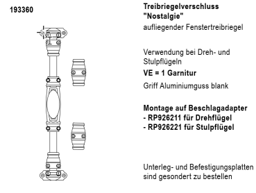 Jansen rp fineline 70W, Treibriegelverschluss "Nostalgie" aufliegender Fenstertreibriegel Artikel Nummer 193360