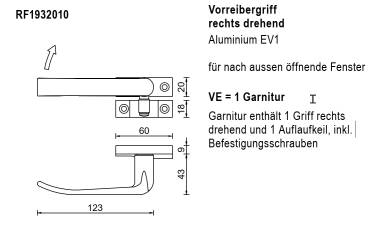 Jansen rp fineline 70W, Vorreibergriff rechts drehend Aluminium EV1, Artikel Nummer RF1932010