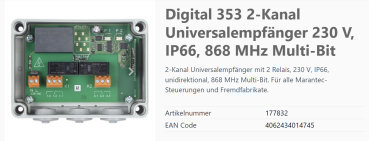 Marantec Digital 353-Universalempfänger 230V, 177832, 2-Kanal uni-direktional, 868 MHz