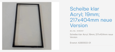 Normstahl Scheibe klar Acryl. 19 mm x 217 mm x 404 mm neue Version , K1440417, A390503-01