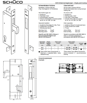 Schüco ADS Einfachverriegelungen Schwenkhaken-Schloss, 49,0 mm Dornmaß, 241285, nach außen, LS