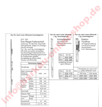 Schüco Drei-Riegel-Fallenschloss, 211151, alte Nr. 211390, Dornmaß 34 mm, System Iskotherm