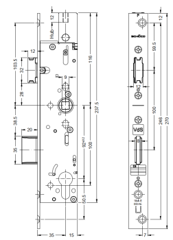Schüco Antipanik Riegel-Fallenschloss mit oberer Verriegelung, 241 969, ADS, nach außen LS, mit Panikfunktion E
