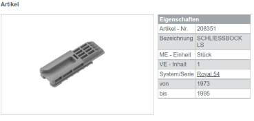 Schüco Schliessbock Links, 208351, Systembeschlag Profilserie Royal 54