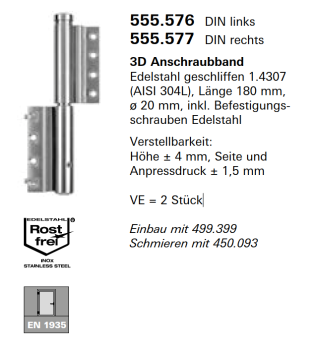 Schüco Jansen 3D-Anschraubband Edelstahl geschliffen, Länge 180 mm, ø 20 mm, Artikelnummer 555.577, DIN rechts