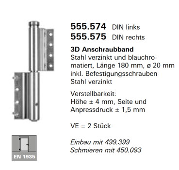 Schüco Jansen 3D-Anschraubband Stahl verzinkt, Länge 180 mm, ø 20 mm, Artikelnummer 555.575, DIN rechts
