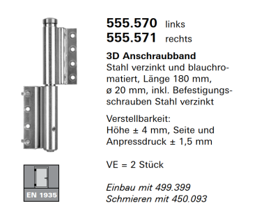 Schüco Jansen 3D Anschraubband Stahl verzinkt und blauchromatiert, Länge 180 mm, Artikelnummer 555.570 Links, Janisol Türen