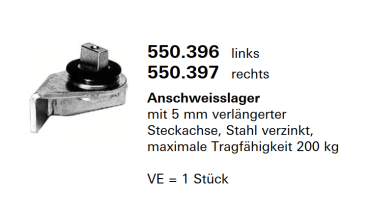 Schüco Jansen Anschweisslager mit 5 mm verlängerter Steckachse, Stahl verzinkt, Artikelnummer 550.396 links