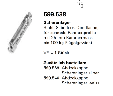 Schüco Jansen-Economy 50 Fenster, Abdeckkappe silber für das Scherenlagers 599.538, Artikelnummer, 599.539, Beschläge