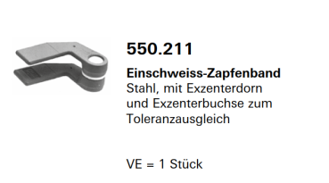 Schüco Jansen Einschweiss-Zapfenband Stahl, mit Exzenterdorn und Exzenterbuchse, Artikelnummer 550.211