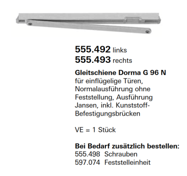 Schüco Jansen Gleitschiene Dorma G 96 N für einflügelige Türen links, Artikelnummer 555.492, Janisol HI Türen