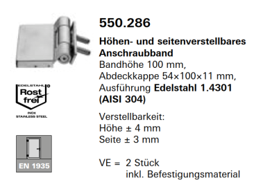 Schüco Jansen Höhen- und seitenverstellbares Anschraubband, Ausführung Edelstahl, Bandhöhe 100 mm, Artikelnummer 550.286