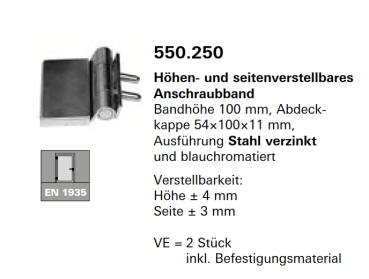 Schüco Jansen Höhen- und seitenverstellbares Anschraubband, Bandhöhe 100 mm, Artikelnummer 550.250