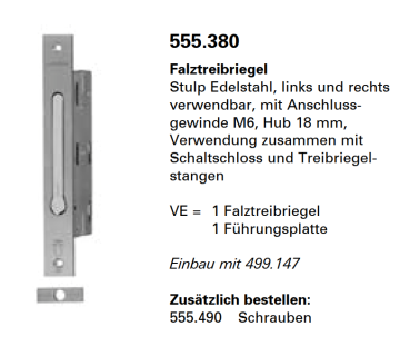 Schüco Jansen Janisol 2 EI30, Falztreibriegel Stulp Edelstahl, links und rechts verwendbar, Artikelnummer 555.380