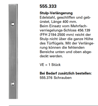 Schüco Jansen Janisol 2 EI30 WK3/RC3, 555.333, Stulp-Verlängerung Edelstahl, geschliffen und gebürstet, Länge 400 mm