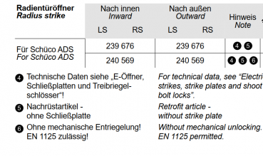 Schüco Radientüröffner für AP-Schwenkhaken-Bolzenschlösser, ADS Antipanik Mehrfachverriegelungen, 239 676, nach innen LS/RS