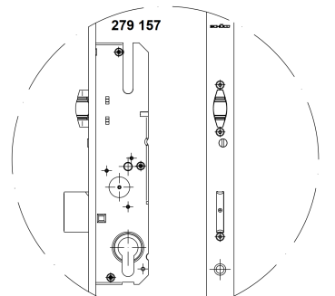 Schüco, Schwenkriegel-Bolzenschloss, Mehrfachverriegelung, mit Rollenfalle, 279157, Dornmaß 39,0 mm