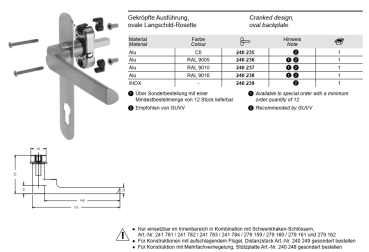 Schüco Türdrücker INOX, gekröpfte Ausführung, ovale-Langschild-Rosette, für Rohrrahmentüren, 240 239, Türschlössern mit 10er Nuss