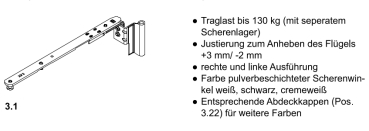 Schüco Scherenarm 220 mm, Standard, 28735800, DIN Rechts,130 kg, Beschlag schwarz, Bandseite schwarz