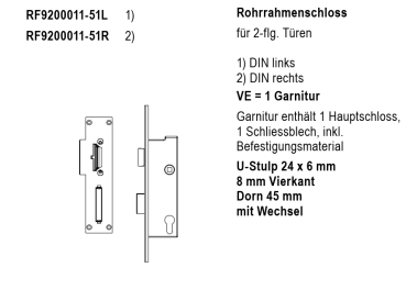 rp fineline 70D, Rohrrahmenschloss, Fallen-Riegel-Schloss f70, für 2-flg. Türen, DIN rechts, Artikel Nummer, RF9200011-51R