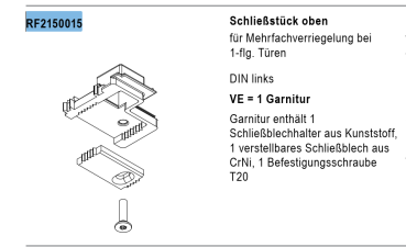 rp fineline 70D, Schließstück oben für Mehrfachverriegelung bei 1-flg.Türen, DIN links, Artikel Nummer, RF2150015, 30058551
