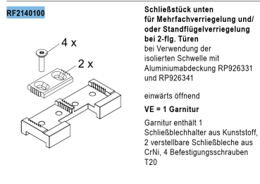 rp fineline 70D, Schließstück unten für Mehrfachverriegelung bei 2-flg.Türen, DIN einwärts öffnend, Artikel Nummer, RF2140100, 30058546