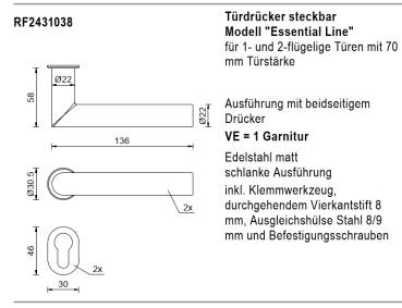 rp fineline 70D, Türdrücker steckbar Modell Essential Line, mit 70 mm Türstärke, Edelstahl matt, Artikel Nummer RF2431038, 30058574