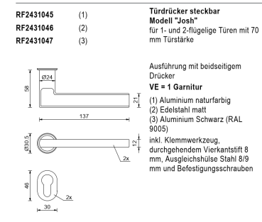 rp fineline 70D, Türdrücker steckbar Modell Josh, mit 70 mm Türstärke, Aluminium naturfarbig, Artikel Nummer RF2431045, 30058578
