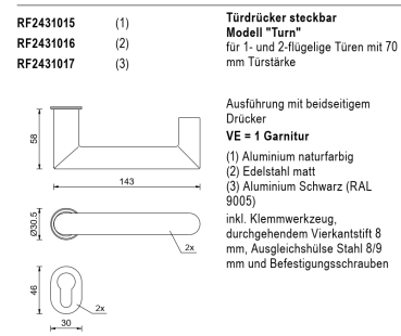 rp fineline 70D, Türdrücker steckbar Modell Turn, mit 70 mm Türstärke, Aluminium naturfarbig, Artikel Nummer  RF2431015, 30058558