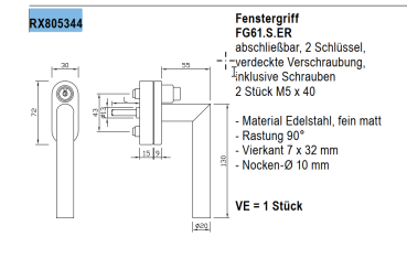 rp fineline 70W, Fenstergriff FG61.S.ER abschließbar, verdeckte Verschraubung, Artikel Nummer RX805344