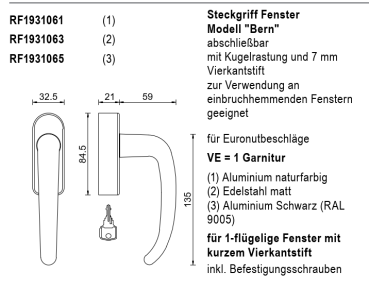rp fineline 70W, Steckgriff Fenster Modell "Bern", abschließbar für Euronutbeschläge, Aluminium Schwarz RAL 9005 Artikel Nummer RF1931065