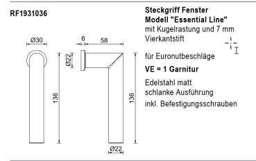 rp fineline 70W, Steckgriff Fenster Modell "Essential Line", Edelstahl matt, für Euronutbeschläge, Artikel Nummer RF1931036
