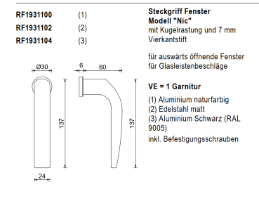 rp fineline 70W, Steckgriff Fenster Modell "Nic", für Euronutbeschläge, Aluminium schwarz RAL 9005, Artikel Nummer RF1931104