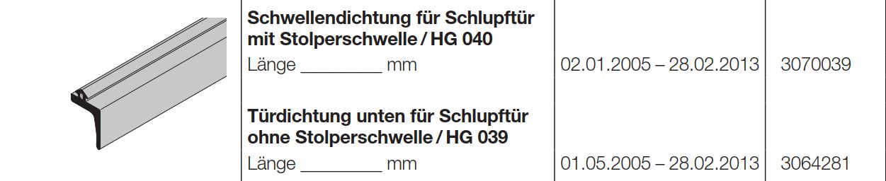 Hörmann Türdichtung HG039 unten, für Schlupftür ohne Stolperschwelle der  Baureihe 40, 50, 60