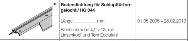 Hörmann Zubehör für Torglieder der Baureihe 40 Bodendichtung für Schlupftürtore ohne Stolperschwelle gelocht HG 044, 3064283