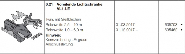 Hörmann voreilende Lichtschranke VL1 LE Reichweite 1,0-6,00 m, 635462, 637450