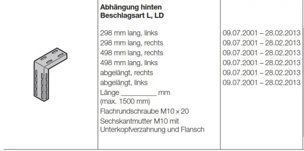 Hörmann Abhängung hinten Beschlagsart L, LD-298 mm links für die Industrietor Baureihe 30-40-50, 3095338