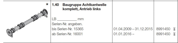 Hörmann Achtkantwelle komplett, Antrieb links für RollMatic, 8991450
