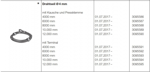Hörmann Ersatzteil für die Baureihe 50-Allgemeines Zubehör-Drahtseil Durchmesser 4 mm mit Kausche und Pressklemme 4000 mm, 3095586