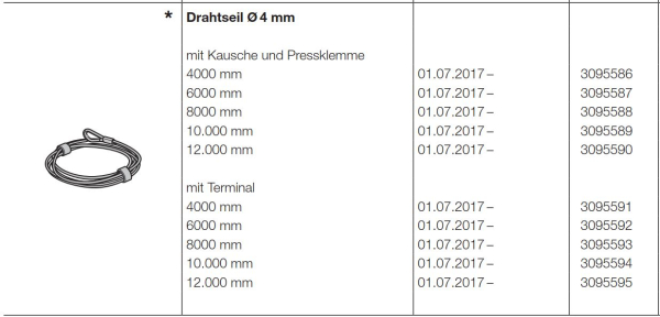 Hörmann Ersatzteil für die Baureihe 50-Allgemeines Zubehör-Drahtseil Durchmesser 4 mm mit Terminal 8000 mm, 3095593