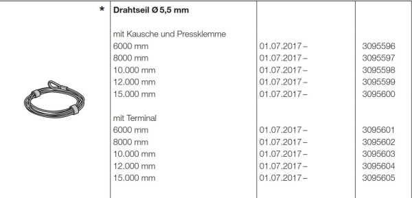 Hörmann Ersatzteil für die Baureihe 50-Allgemeines Zubehör-Drahtseil Durchmesser 5,5 mm mit Terminal 6000 mm, 3095601