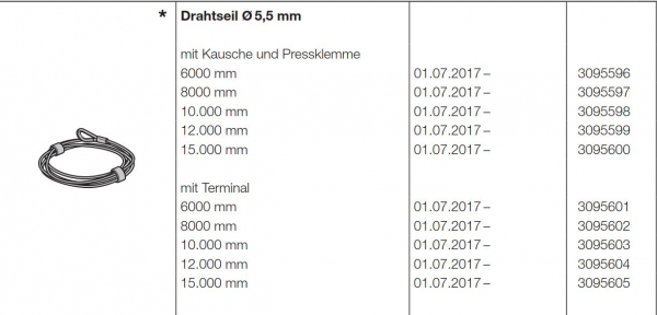 Hörmann Ersatzteil für die Baureihe 50-Allgemeines Zubehör-Drahtseil Durchmesser 5,5 mm mit Kausche und Pressklemme 15.000 mm, 3095600