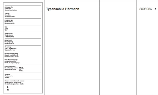 Hörmann Typenschild Hörmann für die Industrietore Baureihe 50 , 3096986