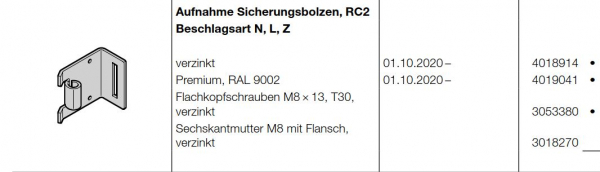 Hörmann Aufnahme Sicherungsbolzen RC2, Beschlagsart N, L, Z für Baureihe 40 (Privat Tore), 4018914