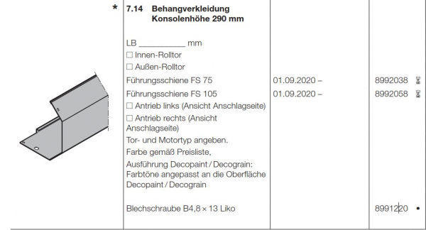 Hörmann Behangverkleidung Konsolenhöhe 290 mm FS 75 Garagen-Rolltor RollMatic T, 8992038